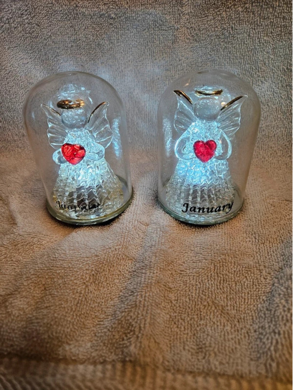 Vintage January Lighted Glass Angel Dome Figurines Set 2 LED Heart Valentine's